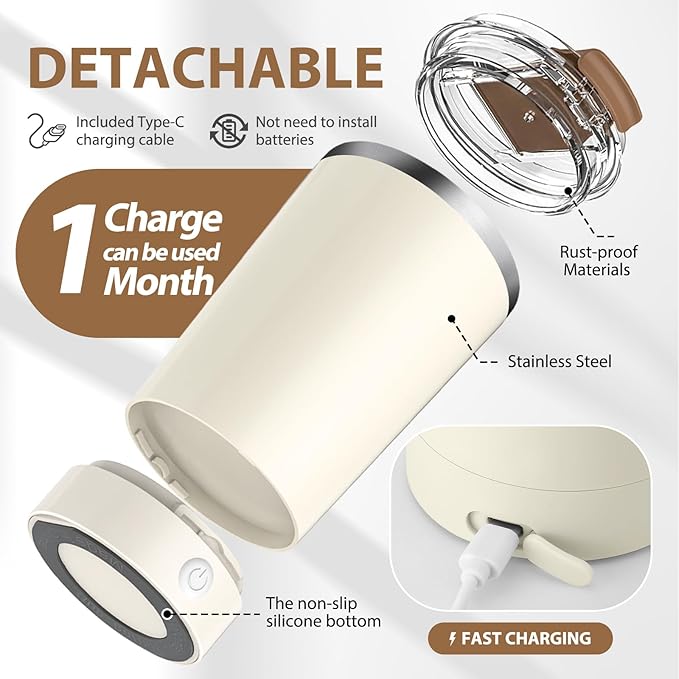 hatisan Self Stirring Coffee Mug With Lid Electric High Speed Self Stirring Mug 400ml Rechargeable Detachable Stainless Steel Self Stirring Cup for Coffee, Milk, Cocoa Christmas Gift(Beige)