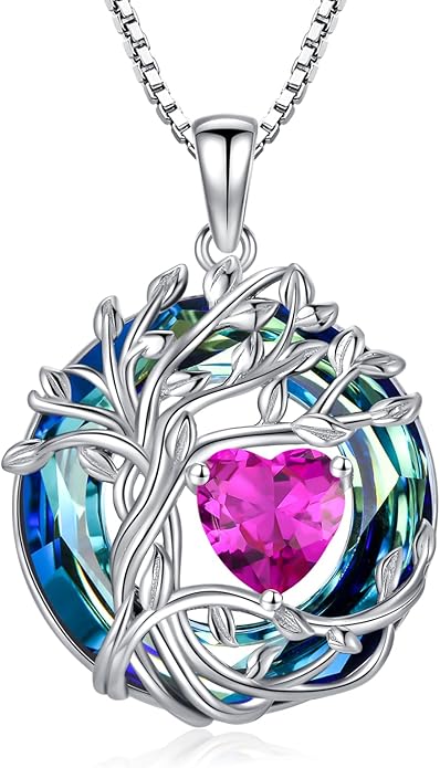 TOUPOP Tree of Life Birthstone Necklace 925 Sterling Silver Pendant Austrian Crystal Jewelry Anniversary Valentine's Day Birthday Gifts for Women Mom Her Wife