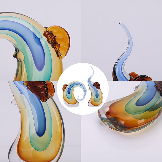 suruim Hand Blown Murano Glass Elephant Statues Set - Luxury Sculptures Home Decor for Living Room & Office Art Glass Ornament Animal Collectible (Blue)