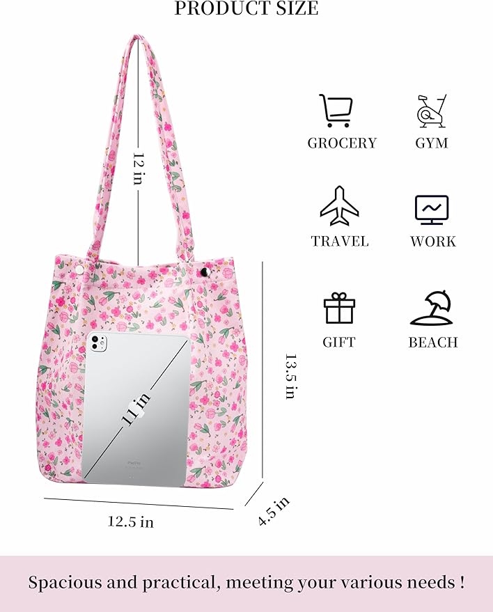 Corduroy Tote Bag Cute Tote Bags for Women Shoulder Bag with Inner Pocket for Work Beach Travel and Shopping Grocery