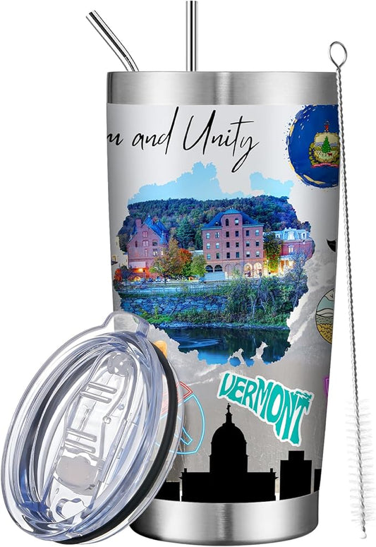 20oz Insulated Tumbler Vermont State Coffee Mug, United States Map Travel Mug Landmark, Birthday Gifts Cute Custom Tumbler Cups with Lid and Straw Gifts for Mom
