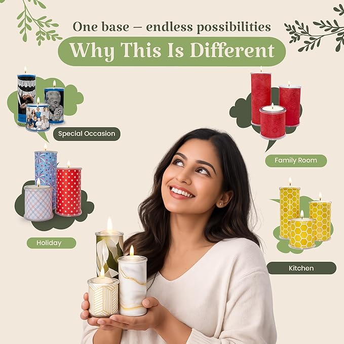 Reusable Interchangeable Candle, Decorative Wrap Design, Customizable Holiday Home Décor, Refillable Giftable Accent for Seasonal Styling