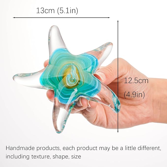 QFkris 5" Glass Star Fish, Crystal Handmade Glass Blown Table Decor, Starfish Figurine, Collectible Ornament,Clear and Green for Women