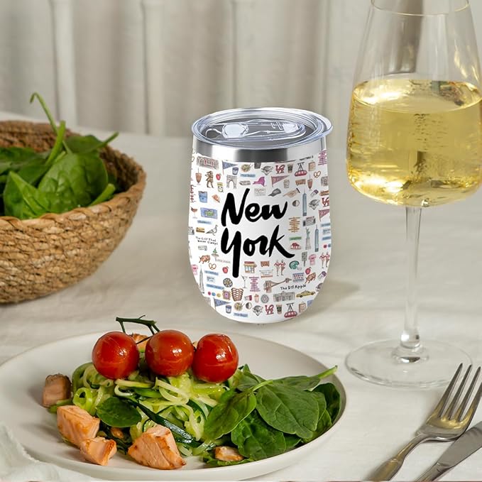 York Gifts Travel Souvenir Wine Tumbler 12 oz Insulated Wine Glass Cup with Lid Straw Vacuum Insulated Cup,Travel Lover Gifts for Women Men Friend Bestie Birthday Friendship Christmas