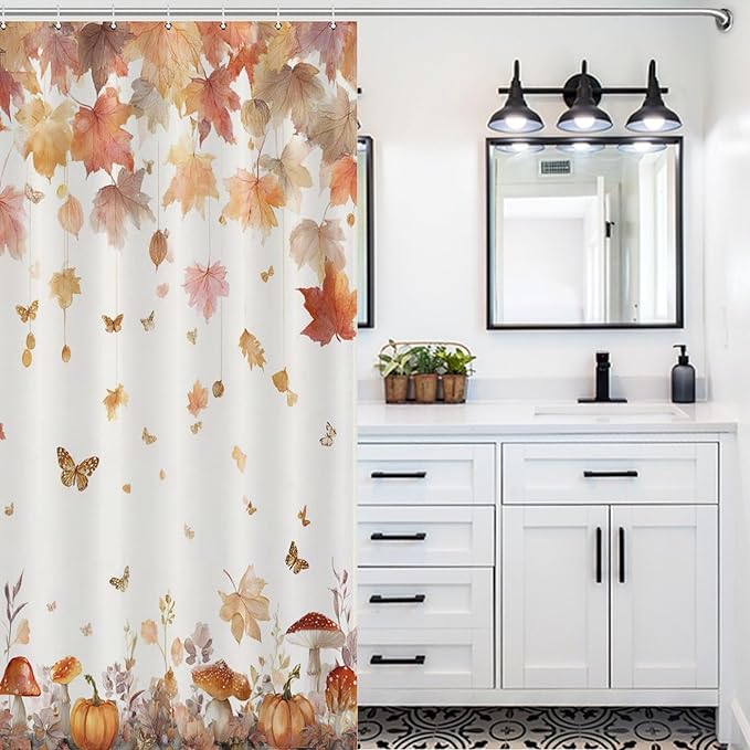 Fall Pumpkin Shower Curtain Autumn Maple Leaves Thanksgiving Harvest Waterproof Washable Fabric Bathroom Shower Curtains for Bathroom Decorations Home Indoor Decor 47x72Inch