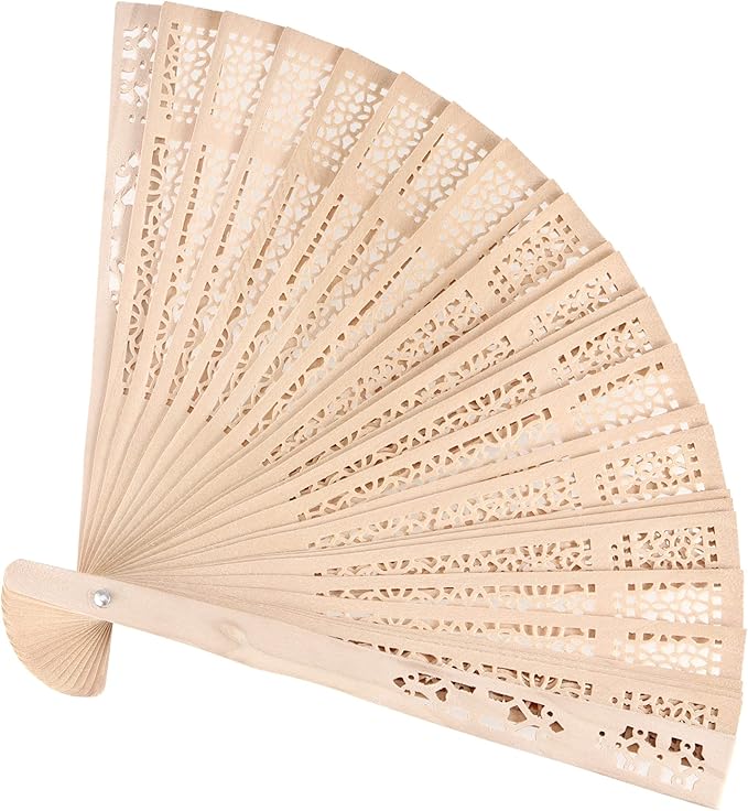 JAPCHET 60 Pack 8 Inch Sandalwood Fan, Vintage Wooden Hand Held Folding Fan, Hollow Carved Handheld Fans for Wedding Decor, Dancing, Birthday Gift, Photo props