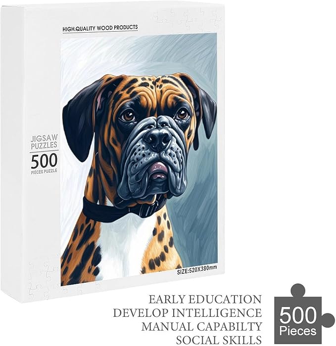 Boxer Dog Portrait Animal Wooden Puzzle 500 Pieces Jigsaw Puzzles for Adults Puzzle Educational Toys Challenging Fun Games Gifts for Elders Kids Family and Friends