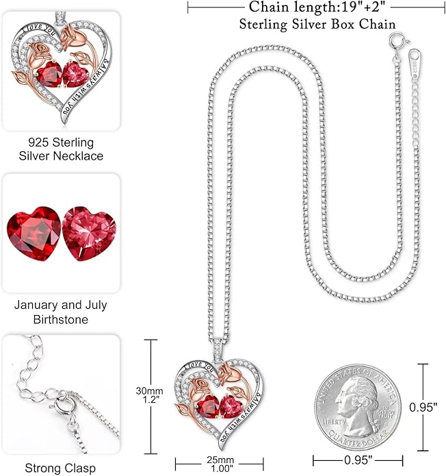 Iefil Valentines Day Gifts for Her - 925 Sterling Silver Rose Heart Birthstone Necklace Birthday Anniversary Jewelry Gifts for Her Wife Mom Daughter