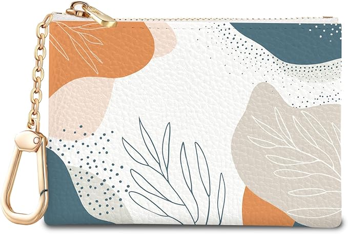 Boho Leaves Abstract Keychain Coin Purse for Women, Small PU Leather Change Pouch, Zipper Little Tiny Travel Wallet for Girls, Cute Kawaii Zip Pocket Coin Holder with Key Ring