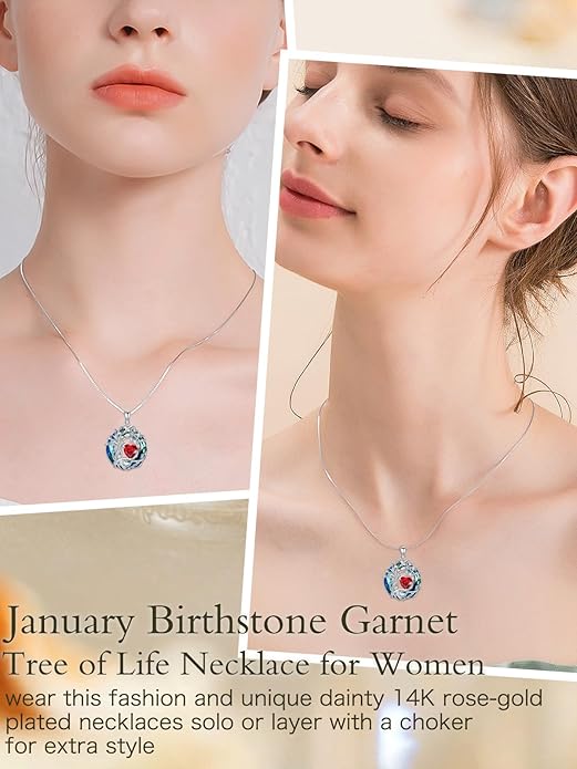TOUPOP Tree of Life Birthstone Necklace 925 Sterling Silver Pendant Austrian Crystal Jewelry Anniversary Valentine's Day Birthday Gifts for Women Mom Her Wife