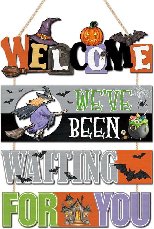 CHDITB Halloween Welcome Wooden Sign, Spooky Witch Wooden Hanging Plaque, Festive Halloween Front Door Sign, We've Been Watering for You Wall Art Hanger for Thanksgiving Decor