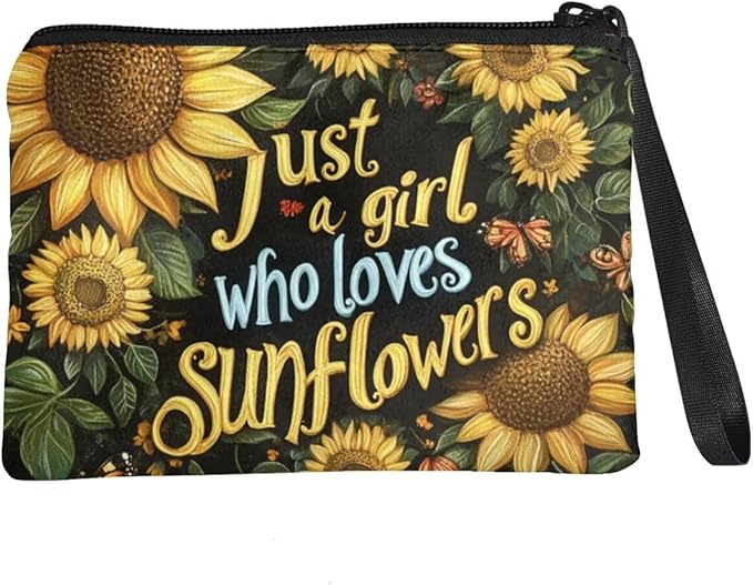 Dolyues Sunflower and Word Change Purses for Women Wristlet Strap Tote Wallet Zipper Coin Purse Credit Cards Bags Organizer Shopping Carrier Bag Wallets Change Pouch