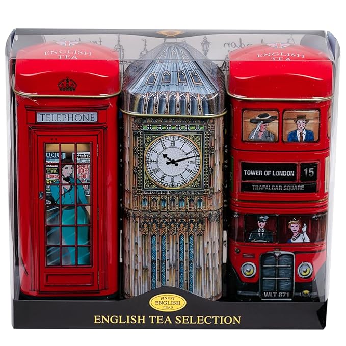 British Heritage 3x Tea Tins with 42 English Teabags (Big Ben, Red London Bus, Telephone Box)