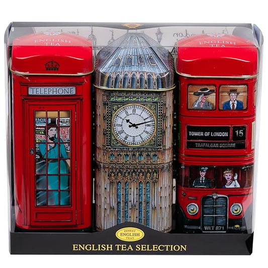 British Heritage 3x Tea Tins with 42 English Teabags (Big Ben, Red London Bus, Telephone Box)