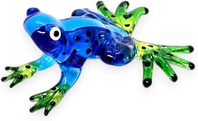 WitnyStore 2⅛" Blue Black Dot Frog Artistic Blown Glass Figurine Premium Hand-Blown Statue Tabletop Decoration Unique Collectible for Adult Collectors Handcrafted Elegant Home Room Decor