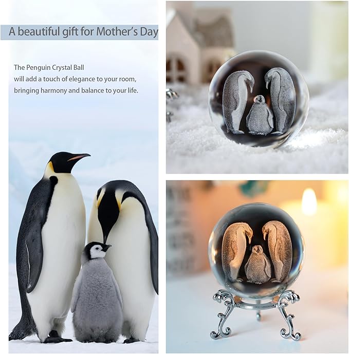ZEERSHEE 60mm Crystal Penguins Decorative Balls 3D Laser Engraved The Penguin Family Paperweight with Stand