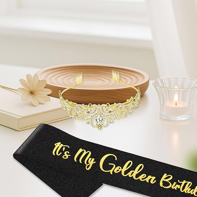 2Pcs Golden Crown Birthday Party Sash Decoration, Birthday Party Decorations Gifts Supplies Exquisite Golden Crown & Sash Decor Supplies for Women, Easy to Store