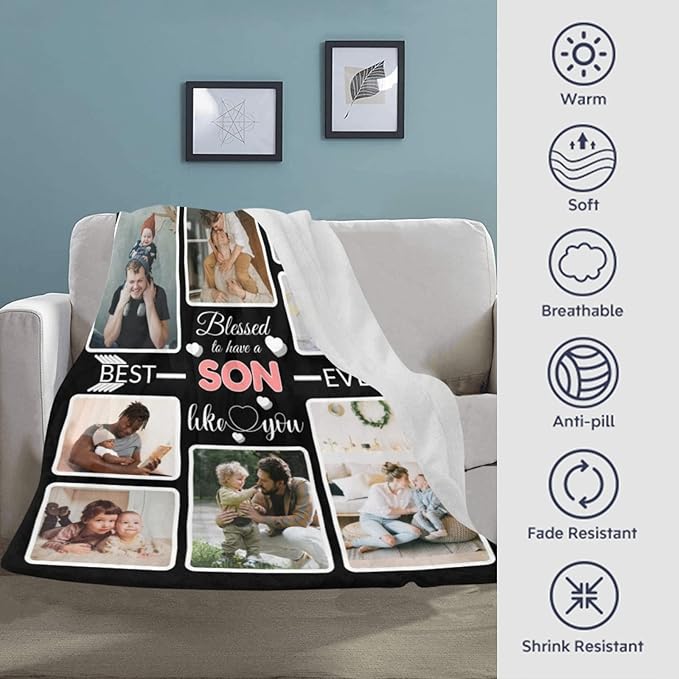 Custom Blanket Gifts for Son, Customized Blankets with Photos, Make a Personalized Bed Throws to My Son, Custom Souvenir Throw Blanket for Best Son Ever, 8 Collages Made in USA