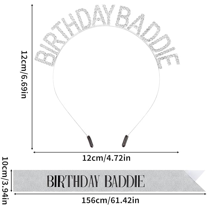Aprince Birthday Baddie Sash and Tiara Crown for Women Girls Silver Happy Birthday Headband Accessiores Party Decorations