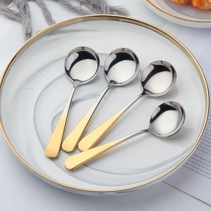 Buyer Star 8 Pieces Stainless Steel Round Soup Spoon, 6.3 Inch Mirror Polished Spoon Cutlery, Dishwasher Safe (Gradual Gold)