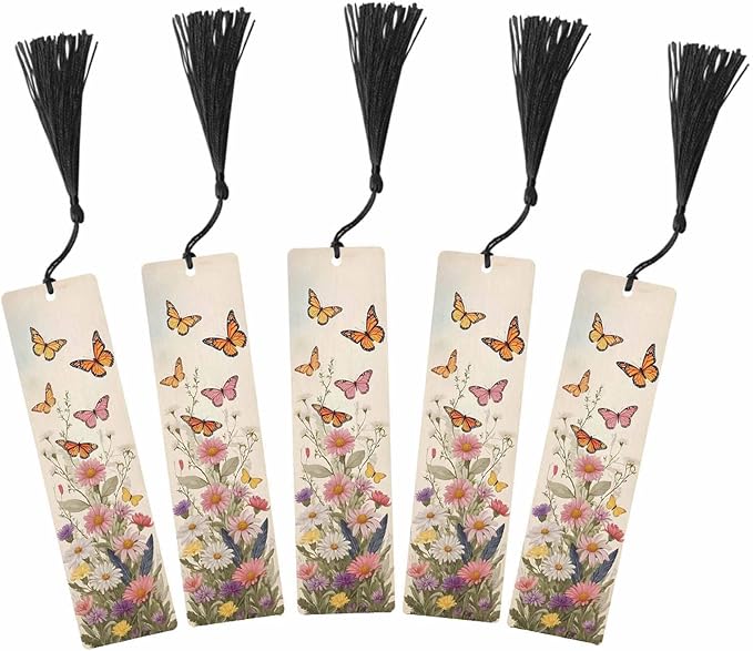 Butterflies Bookmarks 5 Pcs with Tassels Wildflower Summer Retro Pink Wooden Bookmarks for Reading Women Students Teacher Reader
