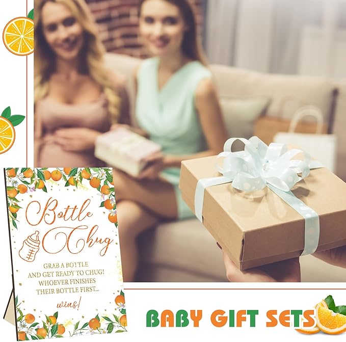 TrelaCo Little Cutie Cool Baby Shower Games Bottle Chug Sign Wooden Orange Theme Gift Sets Gender Reveal Party supplies and 12 Pcs Baby Bottle Shower Favor for Games Gender Reveal