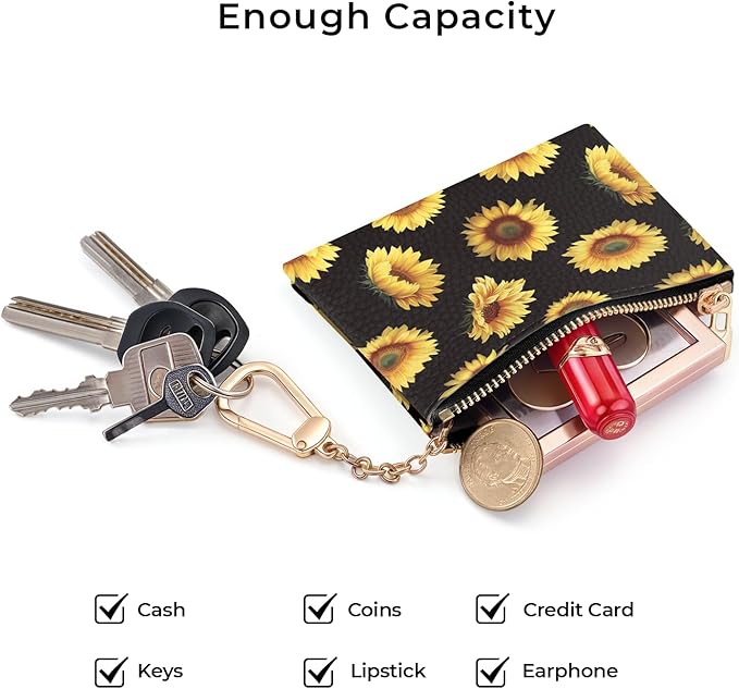 Sunflower Keychain Coin Purse for Women, Small PU Leather Change Pouch, Zipper Little Tiny Travel Wallet for Girls, Cute Kawaii Zip Pocket Coin Holder with Key Ring