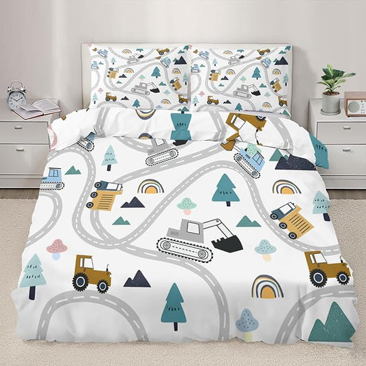 Cartoon Excavator Bulldozer Bedding Set Oversized King Construction Vehicles Duvet Cover Road Forest Comforter Cover Kids Engineerin Bed Set with Pillowcases for Bedroom