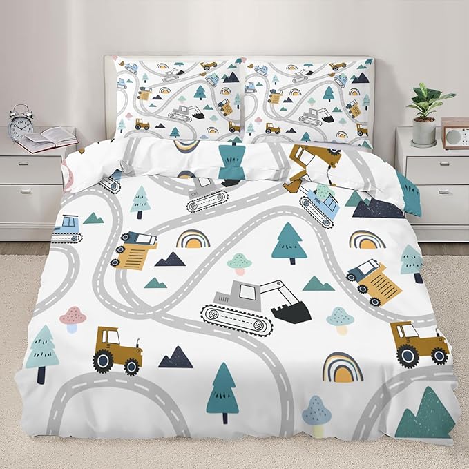 Cartoon Excavator Bulldozer Bedding Set Queen Size Construction Vehicles Duvet Cover Road Forest Comforter Cover Kids Engineerin Bed Set with Zipper Ties for Bedroom