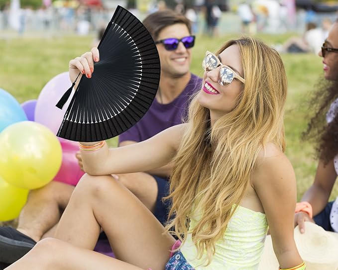 Hand Held Fan for Women Foldable, Chinese Japanese Vintage Bamboo Silk Folding Fans Hand Fan for Dance Music Festival Wedding Church Decoration (Sexy Black - Solid)