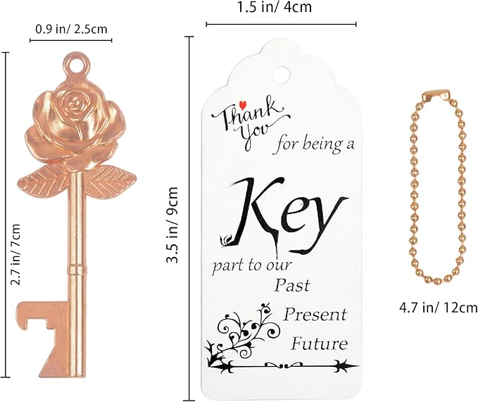 Aokbean 100 PCS Rose Flower Shaped Keys Wedding Favors Gift for Guest Bulk Skeleton Key Bottle Opener with Card and Chain for Rustic Party Bridal Showers Decorations (Rose Gold)
