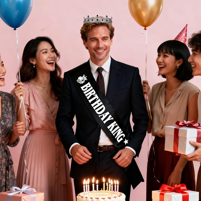 King Crown and Birthday Sash Birthday Decorations for Men Boy Royal Medieval Headband for Cosplay Prom Halloween Costume