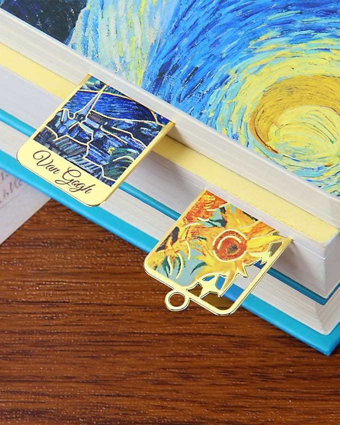 6 Pieces Metal Bookmarks with Tassel, Golden Hollow Bookmark Oil Painting Van Gogh Monet Theme Book Mark Bookmarks for Book Lovers Writers Readers Children Teens Men Women Adults