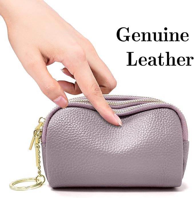 LINNO 3 Zippered Genuine Leather Coin Purse Triple Capacity Change Pouch Little Travel Wallet With Key Ring for Women