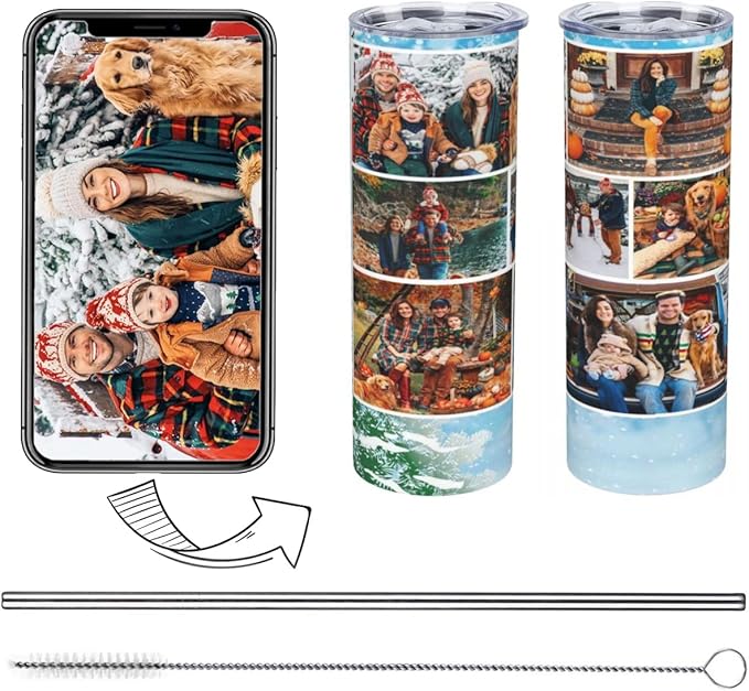Personalized Custom tumbler Coffee Mug with Lid and Straw Hot and Cold Stainless Steel Vacuum Insulated Travel Mug with Photo Personalized tumbler Gift (20 oz, Cylinder, 7 photos)