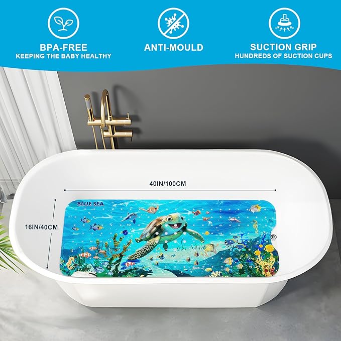 XIYUNTE Baby Bath Mat for Tub Non Slip Kids Bath Mat - 40''x16'' Extra Long Cartoon Bathtub Mat Non Slip Kids Shower Mat Eco-Friendly Toddler Bath Mats with Suction Cups, Machine Washable