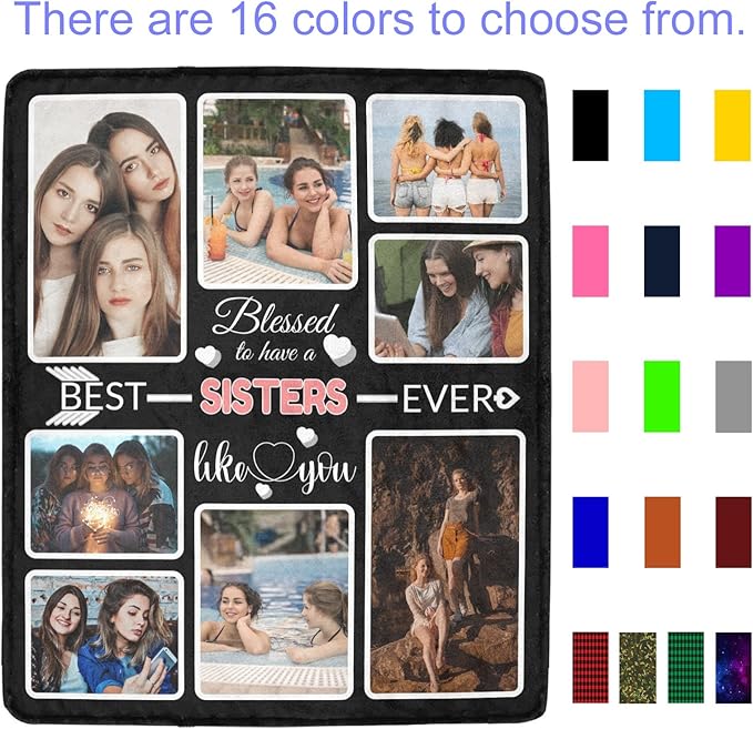 Custom Blanket Gifts with Photos, Personalized Bed Throws for Sisters, Custom Souvenir Throw Blanket for Best Sisters, 8 Collages Made in USA