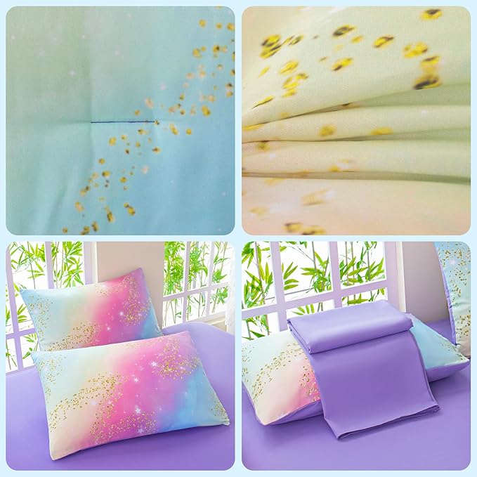Rainbow Bedding Set Twin Size – 7 Piece Reversible Girls Comforter with Deep-Pocket Sheet, Gradient Galaxy Design, Whole-Piece Filling, Machine Washable Bed-in-a-Bag for Kids Room Makeover & Gifts