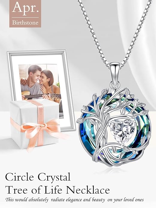 TOUPOP Tree of Life Birthstone Necklace 925 Sterling Silver Pendant Austrian Crystal Jewelry Anniversary Valentine's Day Birthday Gifts for Women Mom Her Wife