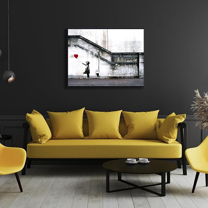 Wieco Art Framed Canvas Wall Art Giclee Canvas Prints of Banksy Grafitti Girl with Red Balloon Abstract Artwork for Wall Decor Home Decorations Black Frame BANKSY-1-6080-BF