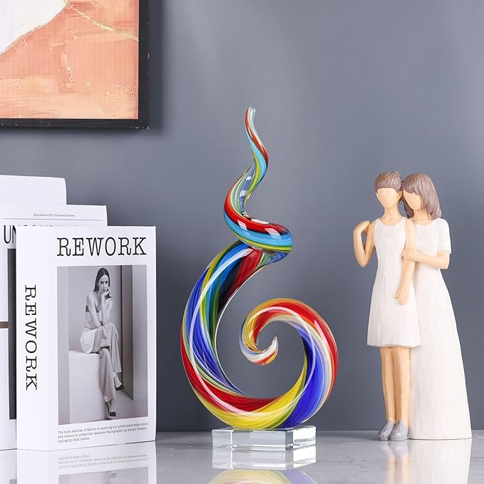 XMGZQ 13.7" Colour Hand-Blown Art Glass Sculpture,Abstract Rainbow Swirl Style Sea Glass Statue and Figurine,Coastal Ocean Nautical Home Decor,Shelf,TV Stand,Tabletop Centerpieces,Wonderful Gift