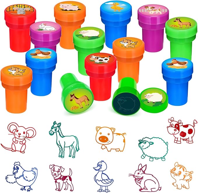 Cinrobiye 24 Pcs Farm Animal Stampers, Barnyard Tractor Farmhouse Party Supplies Favors, Classroom Rewards, Carnival Prizes, Goodie Bag Pinata Fillers for Fiesta Rodeo Cow Birthday Party