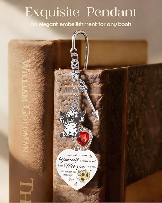 Buleens Bookmarks for Women Reading - Book Marks for Readers Book Lovers, Feather Highland Cow Farm Personalized Metal Bookmark with Pendants, Pretty and Aesthetic Book Accessories Reading Gifts