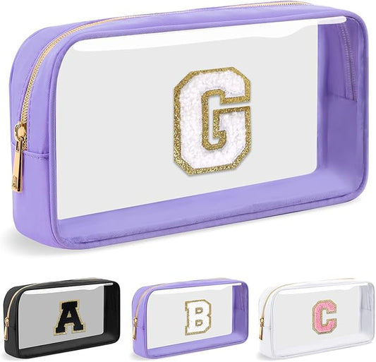 Personalized Initial Letter Clear Makeup Bag,Preppy Small Nylon&PVC Cosmetic Zipper Bag with Chenille Letter,Travel Skincare Toiletry Bag,Monogram Christmas Gift for Teen Girls Women,G