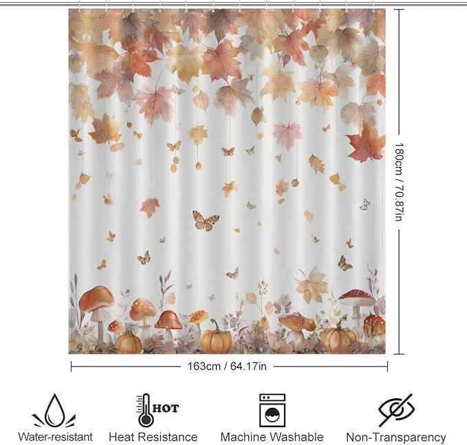 Fall Pumpkin Shower Curtain Autumn Maple Leaves Thanksgiving Harvest Waterproof Washable Fabric Bathroom Shower Curtains for Bathroom Decorations Home Indoor Decor 64x72Inch