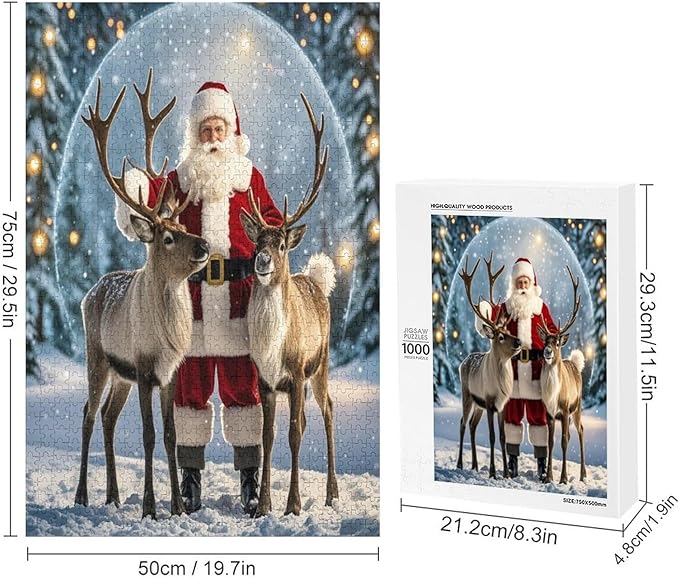 Puzzles for Adults 1000 Pieces Wooden Jigsaw Puzzle - Santa Claus and Reindeer Christmas Series Theme Puzzle，Party Games，Family Toys，Educational Puzzles，Stress Relief Wooden Puzzle，Home Decoration