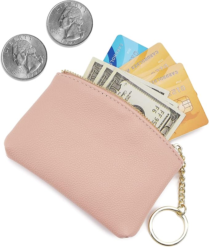 WOZEAH Artificial Leather Coin Purse Change Purse With Key Chain Ring Zipper For Men Women (A Pink)