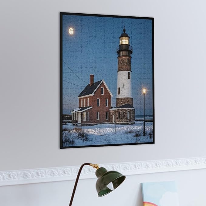 Puzzles for Adults 500 Pieces Wooden Jigsaw Puzzle - Lighthouse Near Building Winter Theme Puzzle，Party Games，Family Toys，Educational Puzzles，Stress Relief Wooden Puzzle，Gifts for Family and Friends