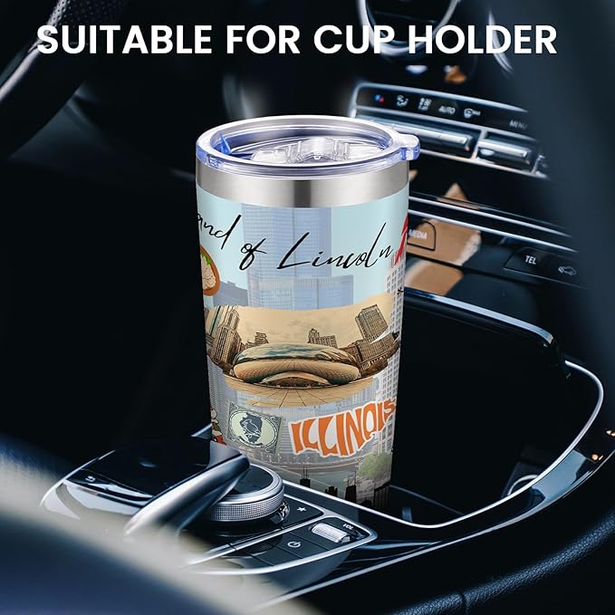 20oz Insulated Tumbler Illinois State Coffee Mug, United States Map Travel Mug Landmark, Birthday Gifts Cute Custom Tumbler Cups with Lid and Straw Mothers Day Gifts