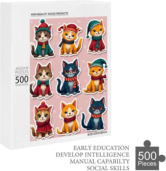 Wooden Puzzle 500 Pieces Adult - Christmas Cat Puzzle Christmas Puzzles, Holiday Puzzles, Family Toys, Party Games, Jigsaw Puzzle Challenge and Funny